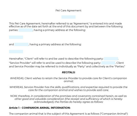 Pet Care Agreement preview